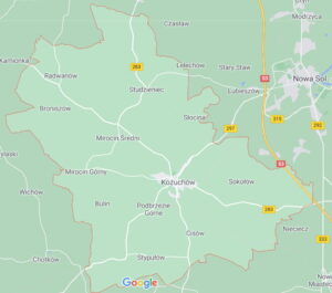 Mappa Google z zaznaczonymi konturami gminy Kożuchów